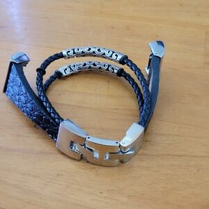 Black Faux Leather Multi Strand Bracelet Silver Tone Gothic 36g